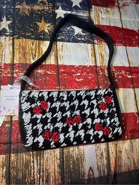 New Handcrafted Black Beaded Houndstooth Crossbody with Red Cherry Accents